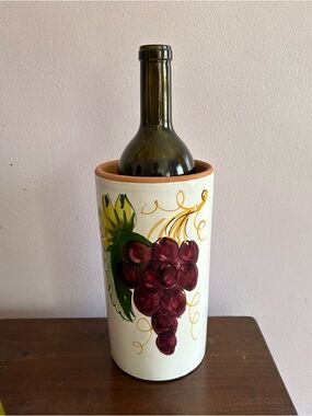 Vintage Pier 1 Imports Hand-Painted Terracotta Glazed White w/ Grape Wine Cooler